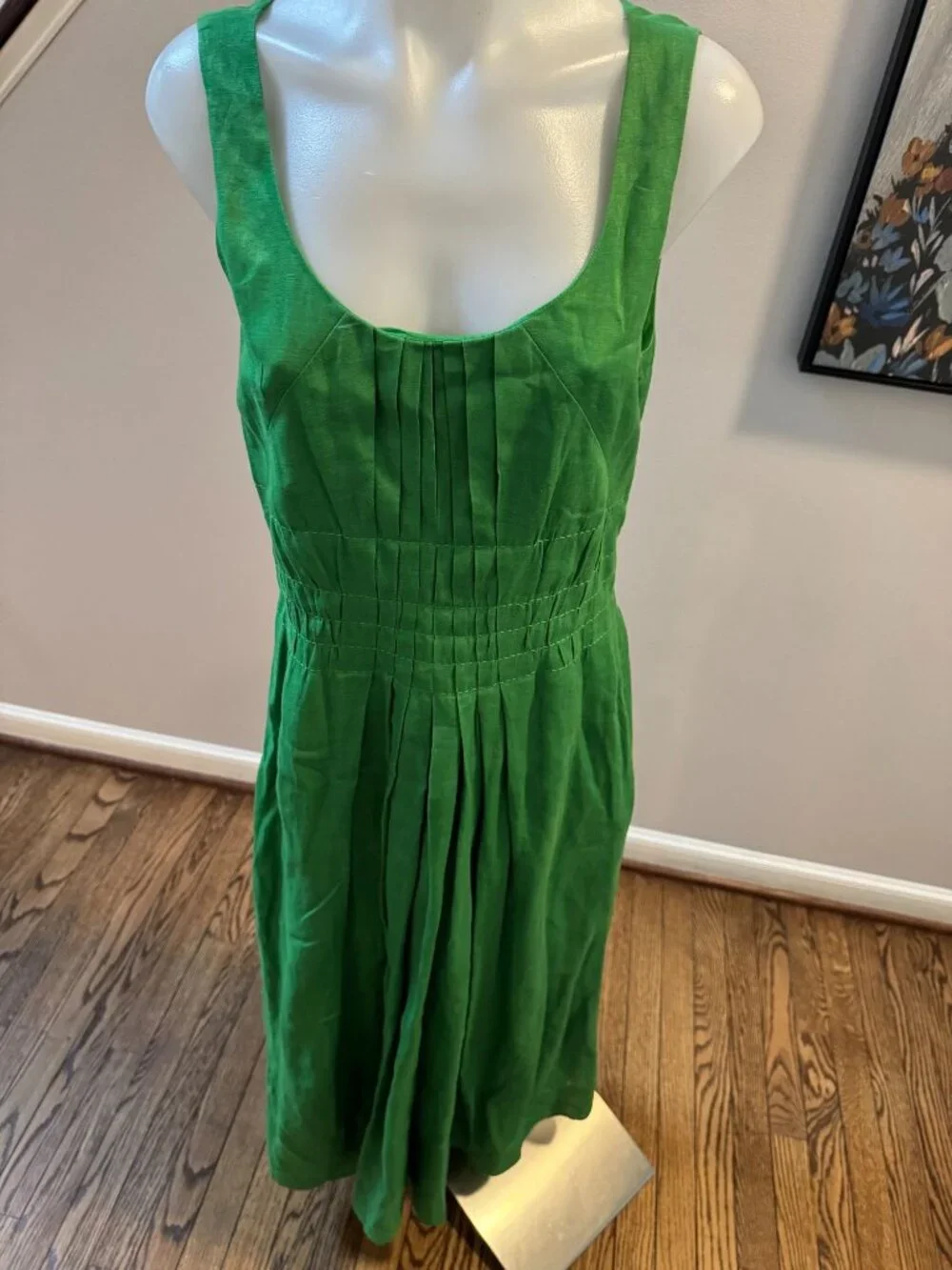 Tory Burch Pleated 100% Linen Midi Dress Bright Green Leaf Size 6
